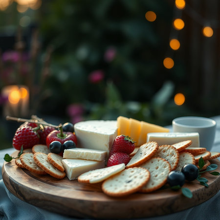 Cheese platter with crackers, berries on table.