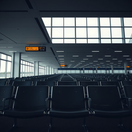 Empty airport terminal interior with seats and sky view. 3D Rendering