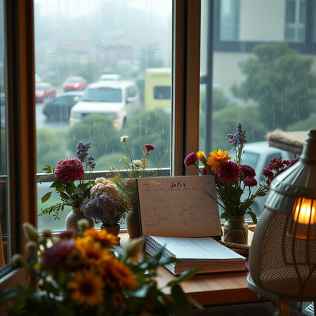 A bouquet of flowers in a vase on the windowsill.