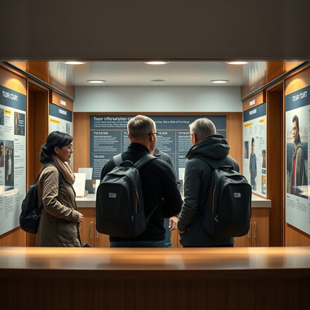 Visitors looking at information on the wall in a lobby.