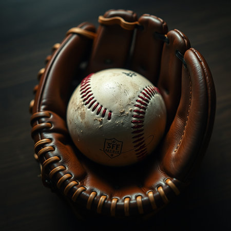 Baseball ball and glove on a dark background. Close up.