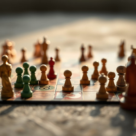 Wooden chess board with figures on it. Selective focus.