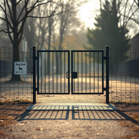 A closeup shot of a closed metal gate in a foggy park