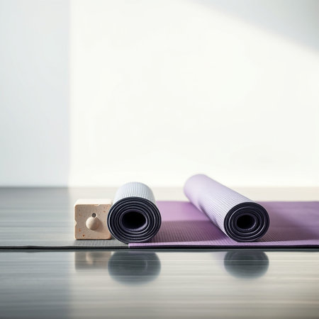 Yoga mat and wooden block on a table in a fitness studio