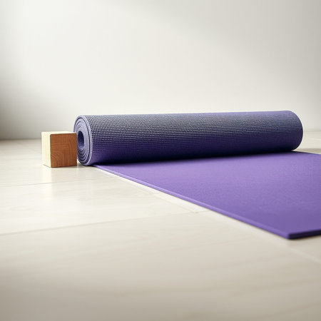 Yoga mat and wooden block on the floor. Fitness concept.