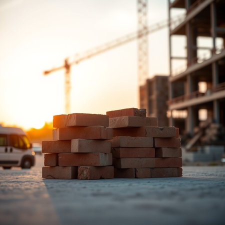 stack of bricks on the background of the construction site at sunset.