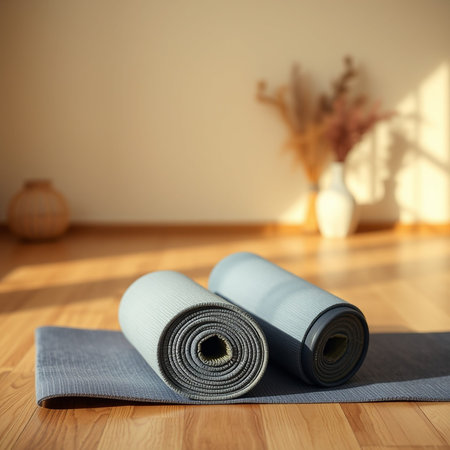 Yoga mat on wooden floor in room, closeup. Space for text