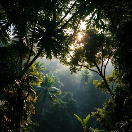 Tropical forest with sunbeams in the morning, Thailand