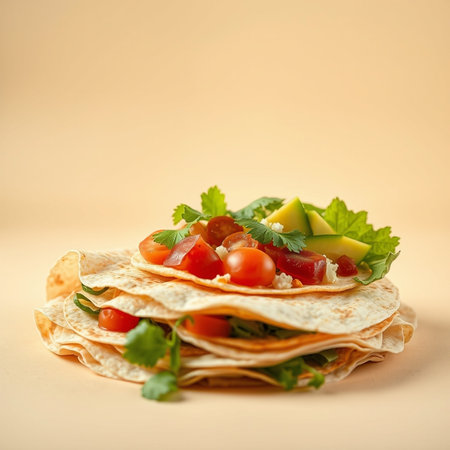 Mexican tortillas with avocado, tomato and cilantro on yellow background