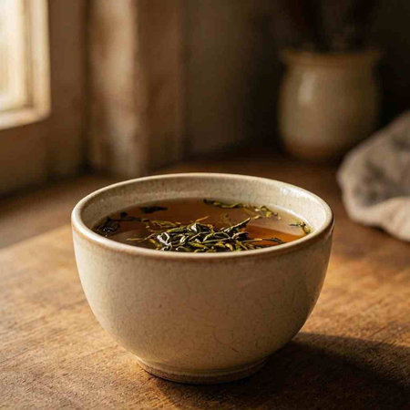 A cup of green tea on a wooden table. Close-up.