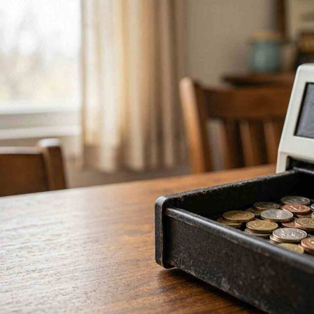 Coins in a black box on a wooden table in the kitchen