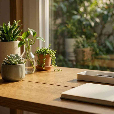 Wooden table with laptop computer and succulent plant in the pot