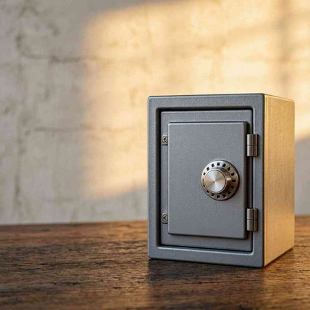 Metal safe on a wooden table. The concept of security and protection of property.