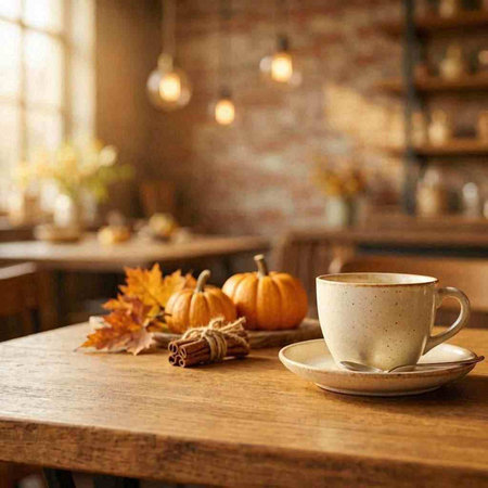 Cup of coffee with pumpkins and autumn leaves on wooden table