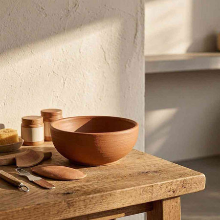 Ceramic bowl on a wooden table in the interior of the kitchen
