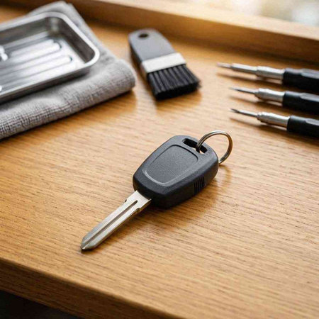 Car key and tools on a wooden table. Car service concept.