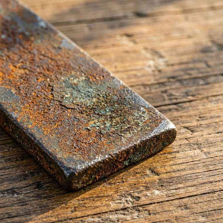 rusty old nail on the wooden background, closeup of photo