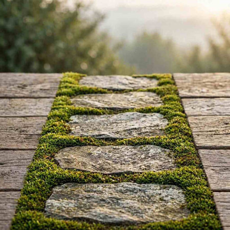 Stone walkway with green moss on it in the morning light.