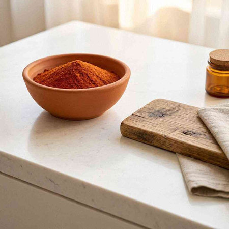 red paprika powder in ceramic bowl and wooden cutting board on white marble table