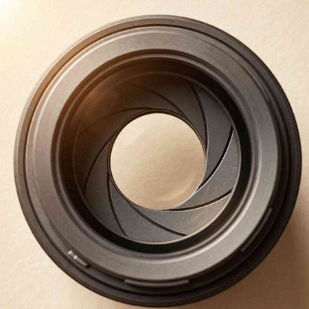 Close-up of a camera lens on a white background. View from above.