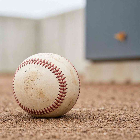 Baseball on the field with a ball in the background, shallow depth of field