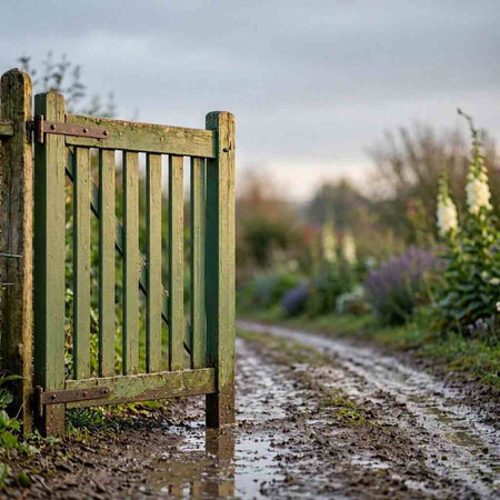 A closeup shot of a wooden gate in the middle of a wet field