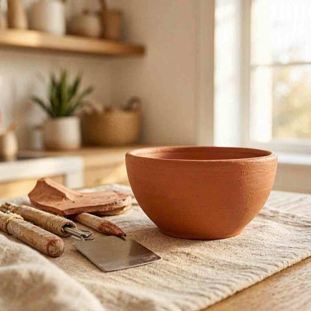 A clay bowl and a shovel on a table in the kitchen.