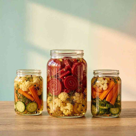 Preserved vegetables in jars on a wooden table. Vegetarian food.
