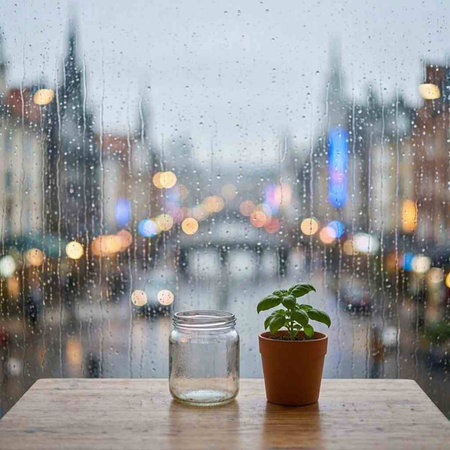 A pot of basil stands on a wooden table against the background of the rain.