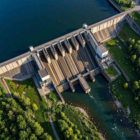 Aerial view of hydroelectric power station on the river in Poland