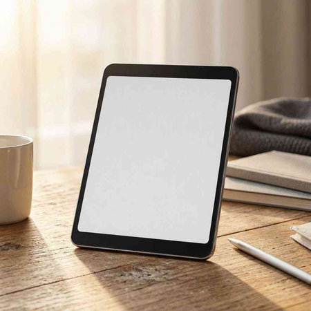 Mockup image of a digital tablet with blank screen on a wooden table.