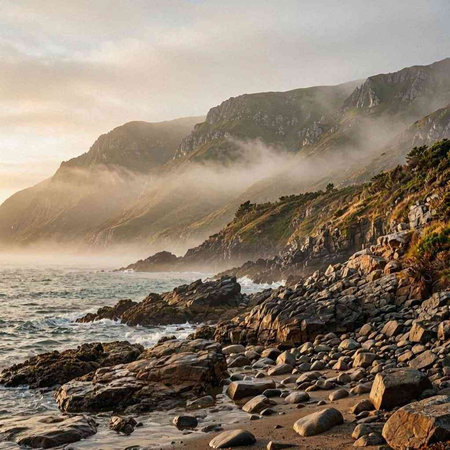 Beautiful seascape with fog on the coast in the morning