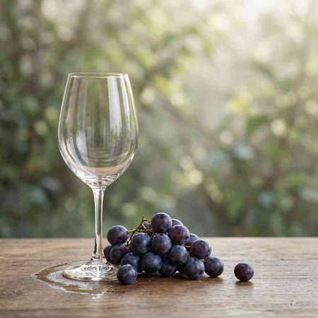 Wine glass and grapes on a wooden table in a vineyard