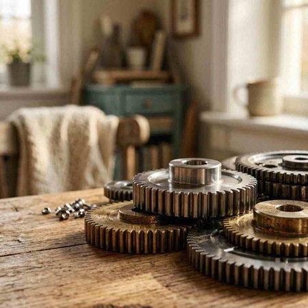 Gear wheels on a wooden table in a room with a vintage interior