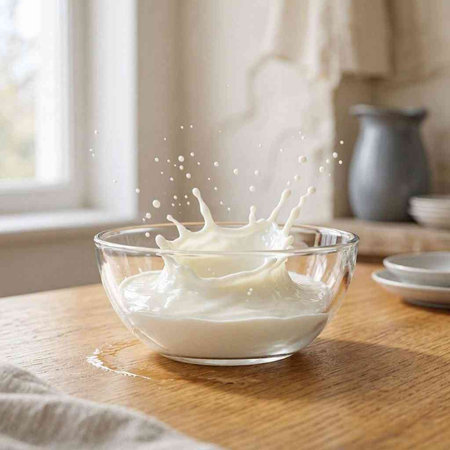 Milk splash in a glass bowl on a wooden table in the kitchen