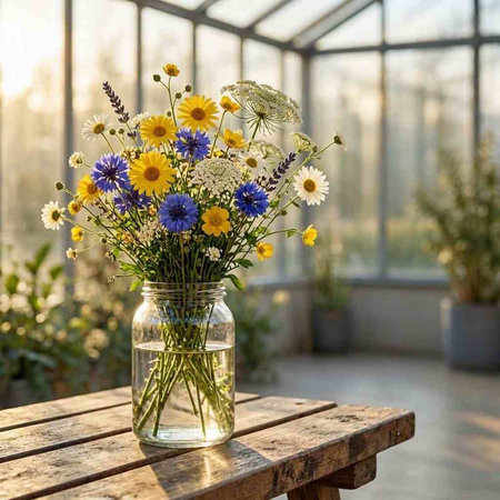 Bouquet of wildflowers in a glass vase on a wooden table