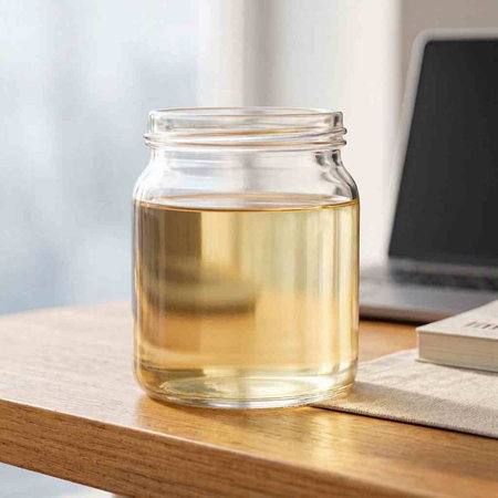 A glass jar of oil on a wooden table with a laptop in the background.