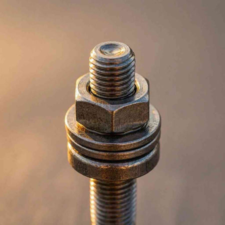 A closeup shot of a bolt and nut on a metal surface