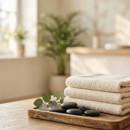 Spa massage stones, towels and eucalyptus branch on wooden background