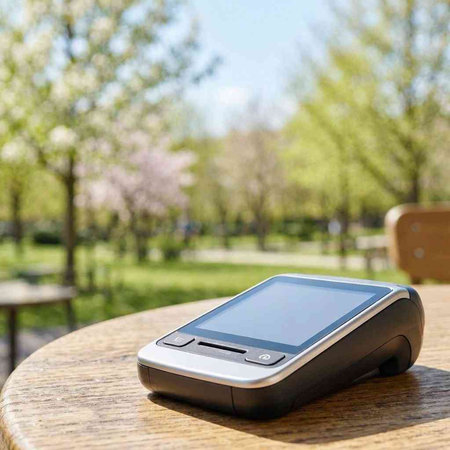 Mobile phone on a table in a park. Selective focus.