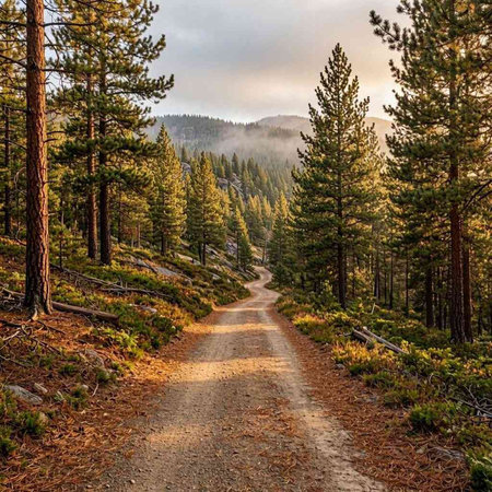 Dirt road in a pine forest in Yosemite National Park, California, USA