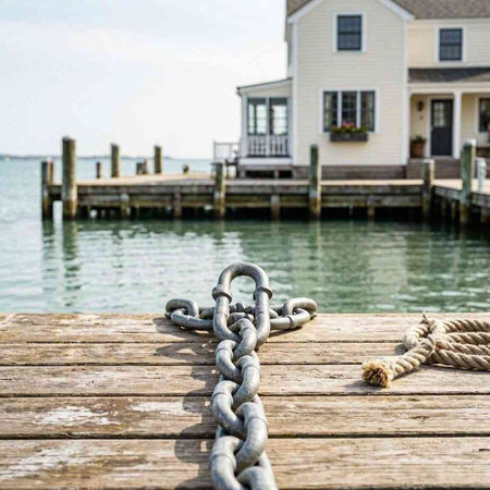 A closeup shot of a chain on a wooden pier with a house in the background
