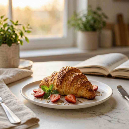 Croissant with strawberries and mint leaves on a white plate.