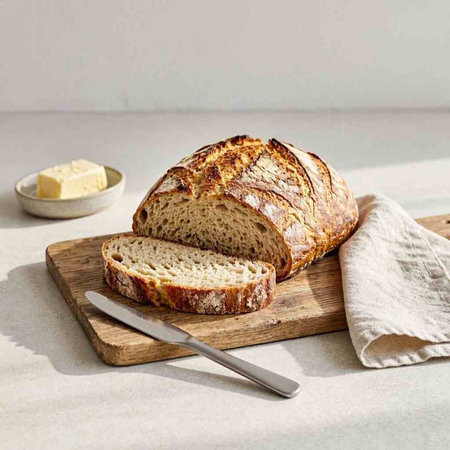 Freshly baked sourdough bread on a wooden cutting board.