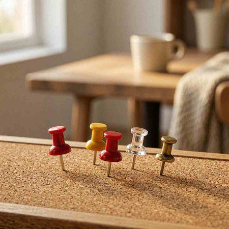 Colorful push pins on a cork board with a cup of coffee