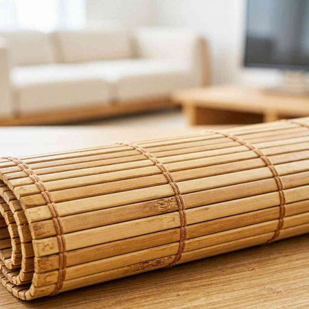 Bamboo mat on a wooden table in the living room. Selective focus