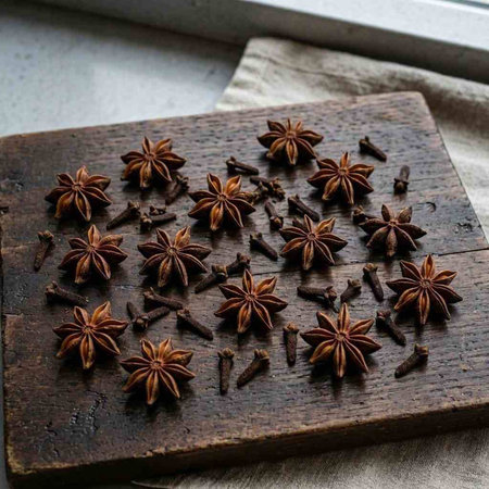 Star anise on a wooden cutting board. Selective focus.