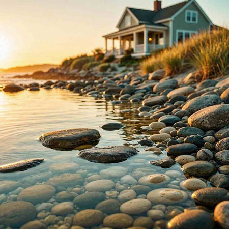 Sunset on the beach with rocks and house in the background.