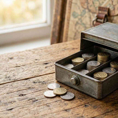Old metal money box with coins on a wooden table. Financial concept