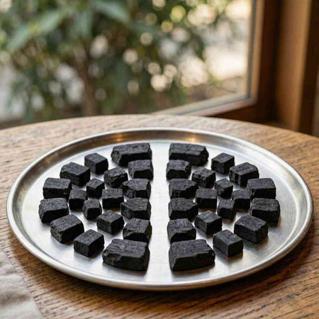 Black coal in a metal tray on a wooden table in a cafe